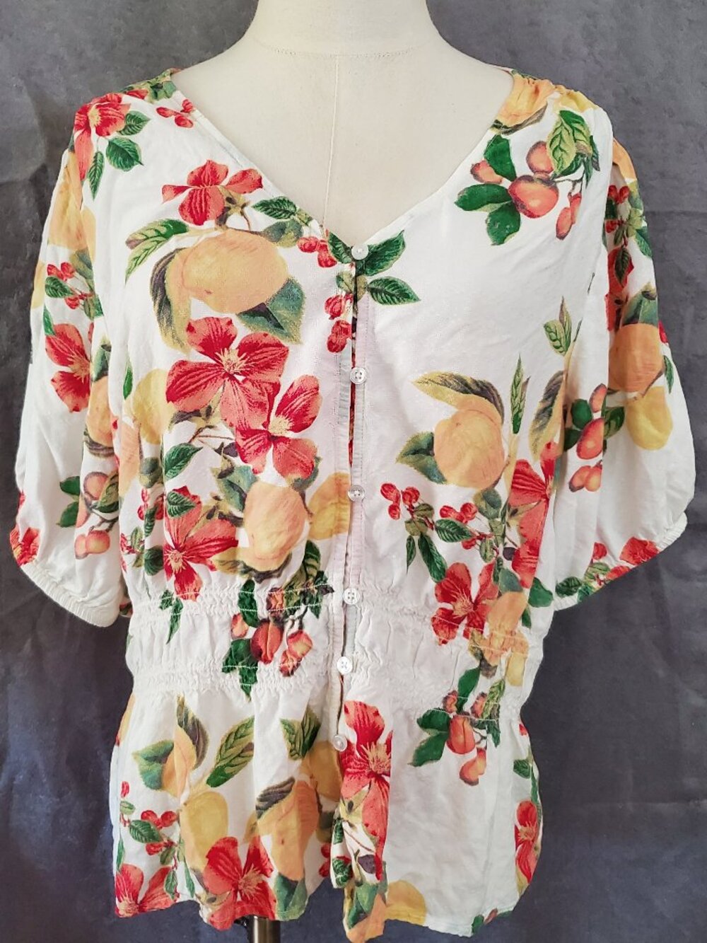 Sofia Vergara Peach Cherry Print Button Peplum Blouse Smocked Waist Top XXL